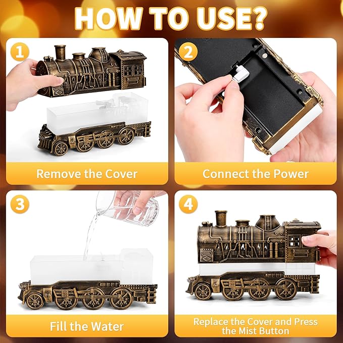 Train Diffusers for Essential Oils with Remote Control, 300ML Creative Lighting Steam Locomotive Humidifier, 2-Color Light & Mist Modes for Bedroom Office
