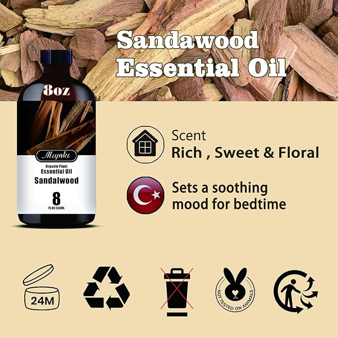 Sandalwood Essential Oil – MLYNKL Sandalwood Oils 8.33 fl oz for Diffusers, Humidifiers, Massage, DIY Candles, Soap, Cleaning, Home, Yoga, Office, Gifts - 250 ml
