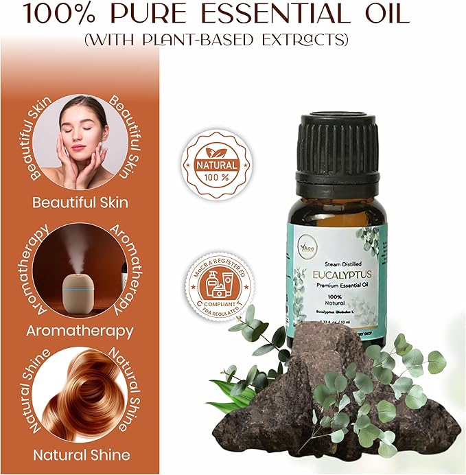 My Ace Eucalyptus Essential Oil – 100% Pure & Natural, Steam-Distilled, Undiluted Oil for Diffuser, Aromatherapy, Massage, Candle & Soap Making – Amber Glass Bottle – 0.33 fl oz