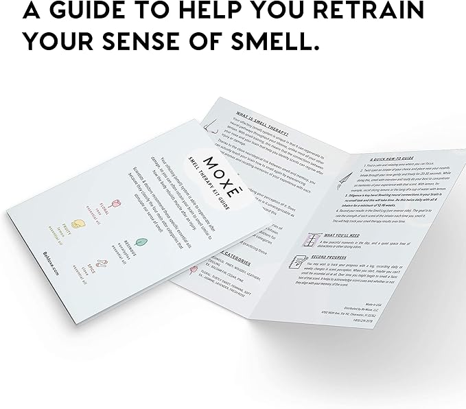 MOXĒ Smell Training Kit, Made in USA, 4 Essential Oils, Olfactory Regeneration, Helps Restore Sense of Smell, Natural Therapy for Smell Loss, Lemon, Rose, Clove, Eucalyptus, Guidebook, Personal Log