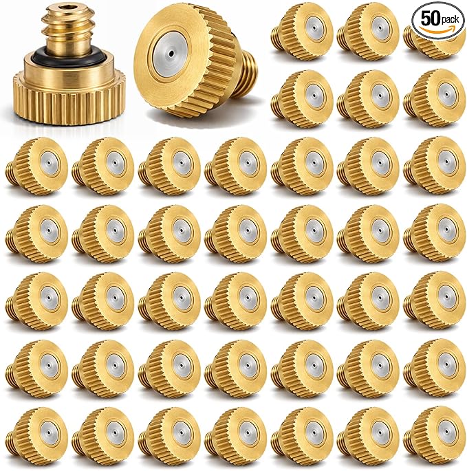 Zhengmy 50 Pcs 0.6mm Brass Misting Nozzles, Mister Nozzles Brass for Outdoor Cooling System Orifice 10/24 UNC Replacement Heads for Outdoor Cooling System