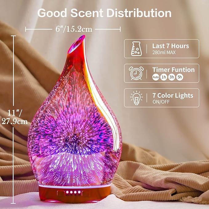 Porseme Essential Oil Diffuser Hand-Blown Glass Aroma Diffusor, Aromatherapy Unltrasonic Cool Mist deffuser, 7 Color Changing, Waterless Shut-Off, Timer Function for Home Office(280ml, Rose Gold)