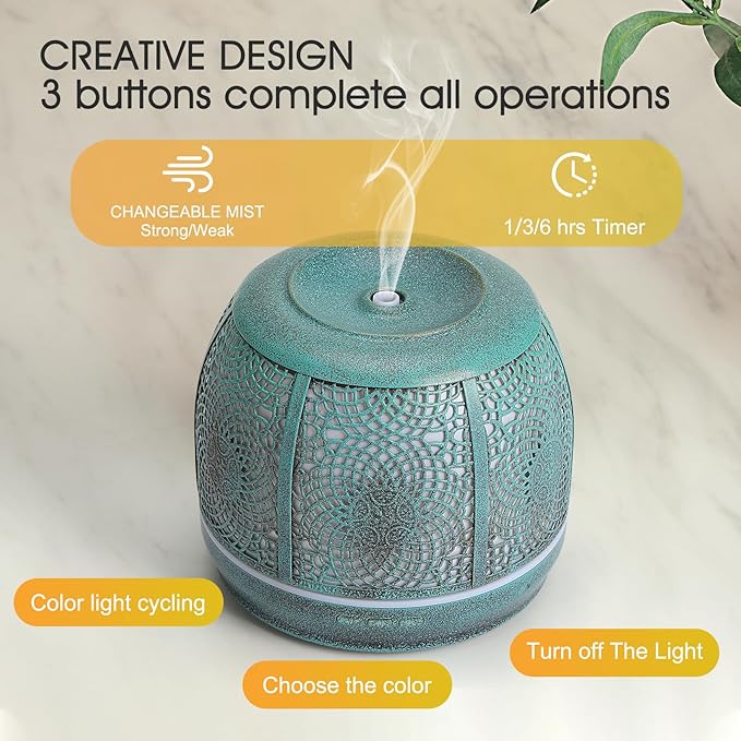 Large Essential Oil Aromatherapy Diffuser for Home Bedroom Metal Hollow Decorative Room Ultrasonic Air Scent Mist Aroma Diffuser 500ML Defusers -Green Copper