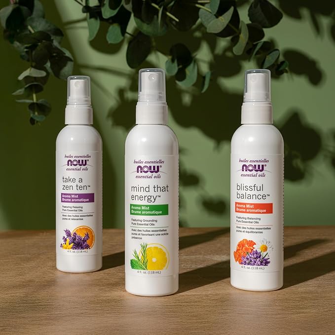 Now Essential Oils Mind that Energy Aroma Mist, 4 Fl. Oz - Peppermint, Lemon, Frankincense, Rosemary, Lavender, Sandalwood - Aromatherapy, Organic, Beige
