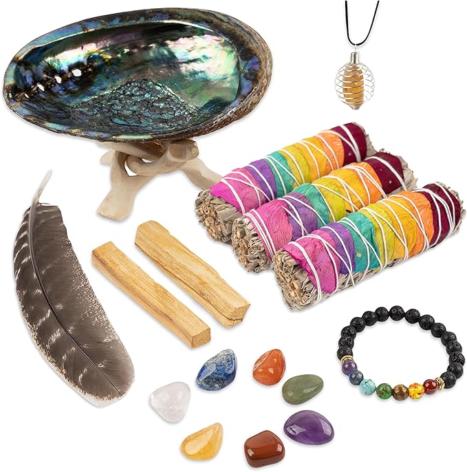 Wish Well Sage Smudge Kit - 3 Seven Chakra Sage Sticks, 2 Palo Santo Sticks, Abalone Shell, Stand, Feather, 7 Chakra Stones & Crystal Bracelet ~ Sage Incense Sticks for Cleansing House & Meditation