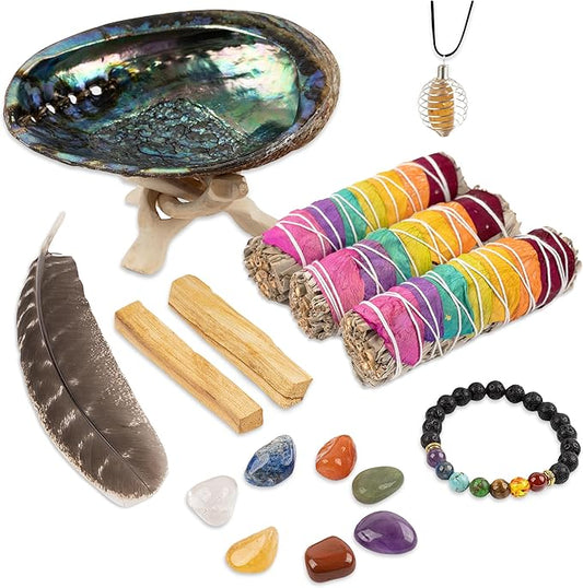 Wish Well Sage Smudge Kit - 3 Seven Chakra Sage Sticks, 2 Palo Santo Sticks, Abalone Shell, Stand, Feather, 7 Chakra Stones & Crystal Bracelet ~ Sage Incense Sticks for Cleansing House & Meditation