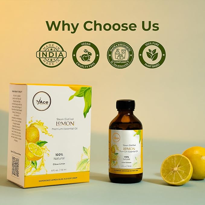 My Ace Lemon Essential Oil 4oz – 100% Pure & Natural, Premium Grade, Undiluted Citrus Limon Peel Oil for Diffuser, Aromatherapy, Skin & Hair Care, Amber Glass Bottle with Dropper