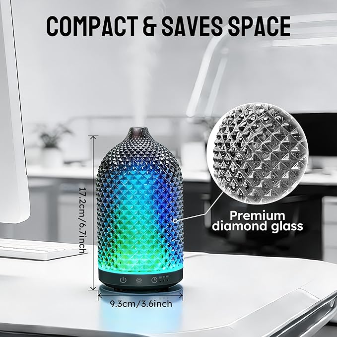 Essential Oil Diffuser 150ml,Glass Aromatherapy Diffuser with Ultrasonic Cool Mist, 7 Color LED Lights, 1/2/4H Timer, Quiet Auto Shut-Off Oil Diffuser for Bedroom, Home, Office (Black)