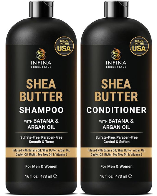 INFINA ESSENTIALS Shea Butter Shampoo & Conditioner Set | 16 fl oz Each | with Batana Oil & Argan Oil | Moisturizing, Strengthening & Frizz Control Formula | Supports Hair Growth & Adds Thickness