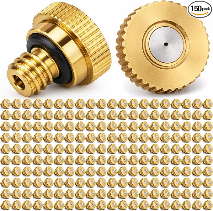 Zhengmy 150 Pcs 0.3mm Brass Misting Nozzles, Mister Nozzles Brass for Outdoor Cooling System Orifice 10/24 UNC Replacement Heads for Outdoor Cooling System