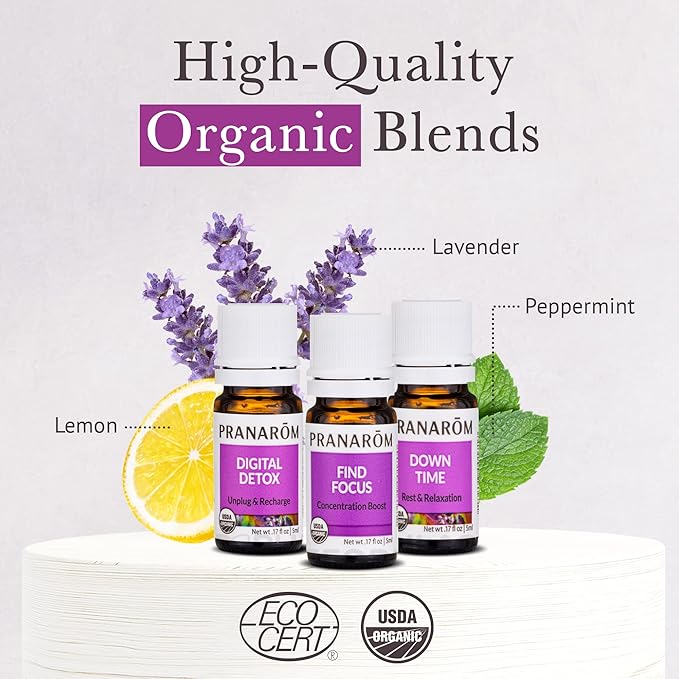 Pranarom - Unplug Wellness Essential Oil Kit (3-Pack of 5ml) - Digital Detox, Down Time, and Find & Focus Essential Oils - 100% Pure Essential Oil | USDA and ECOCERT Certified Organic