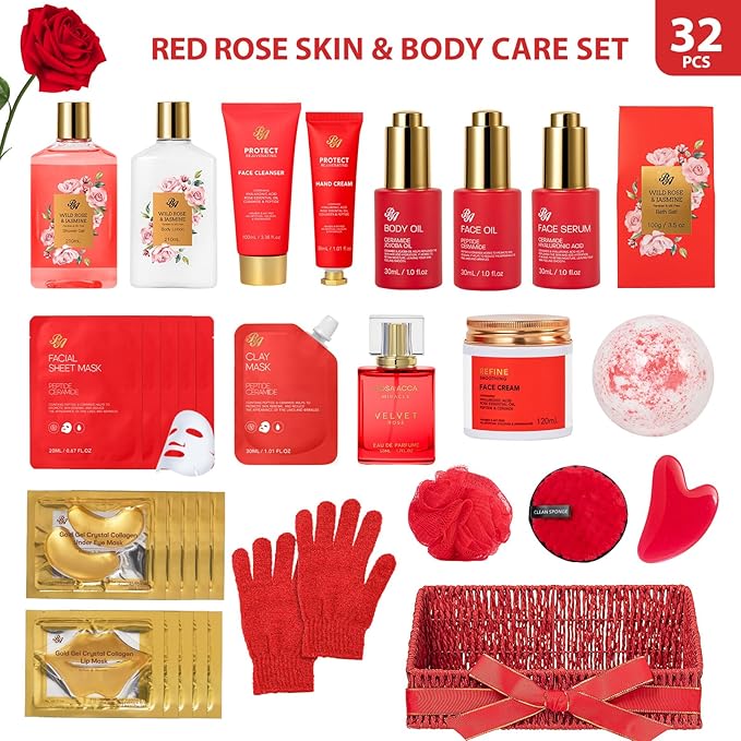 32 Pcs Mother's Day Gift, Red Rose Bath and Body Gift Basket Set for Women, Hydrating Face Skin Care Set, Home Spa Basket, Self Care Set, Birthday, Christmas, Anniversary, Wife, Mom