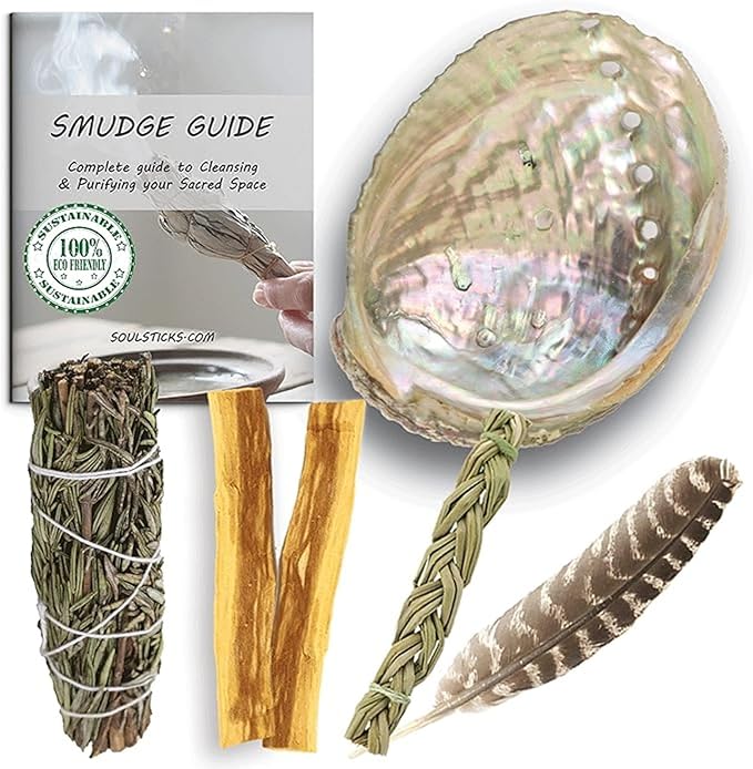 Ancient VEDA Organic Smudge Kit – Rosemary, Palo Santo, Sweetgrass, Abalone Shell, Feather & Smudge Guide | Smudging Kit for Home Energy Cleansing, Meditation, Healing (Healer's Kit, Rosemary Sage)