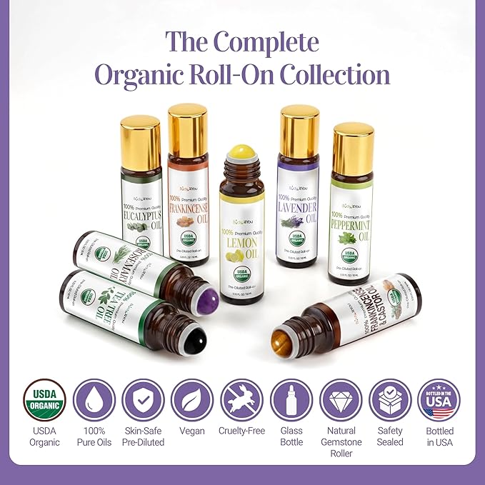 Lavender Essential Oil Roll On for Sleep Anxiety Stress Relief - 100% Pure USDA Organic Pre-Diluted MCT Coconut Oil - Calming Relaxing Bedtime Aromatherapy Yoga - Gemstone Roller 10ml Travel Size