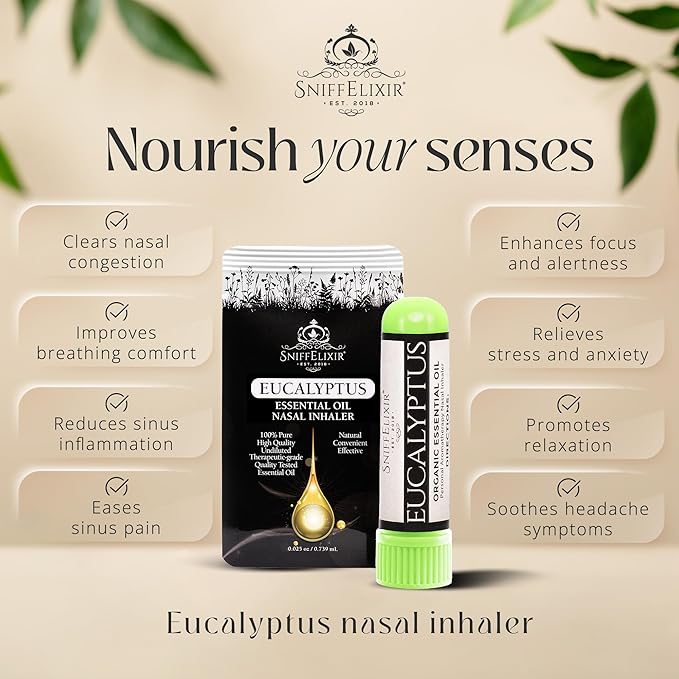 SniffElixir Nasal Stick Inhaler, Vapor Inhaler for Sinus Relief, Nasal Inhaler Stick, Eucalyptus Essential Oil Inhaler for Clear Breathing, Organic Cooling Aroma