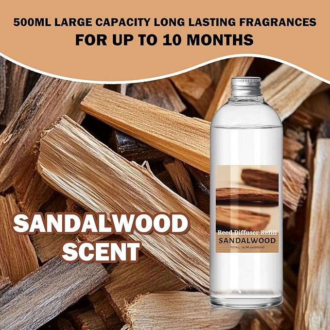 SCENTORINI Reed Diffuser Oil Refill, 16.9oz Natural Sandalwood Scented Essential Oil with 6 Sticks, Long Lasting Home Fragrance for Large Space, Bathroom, Spa Room Aromatherapy, Hotel & Office Decor