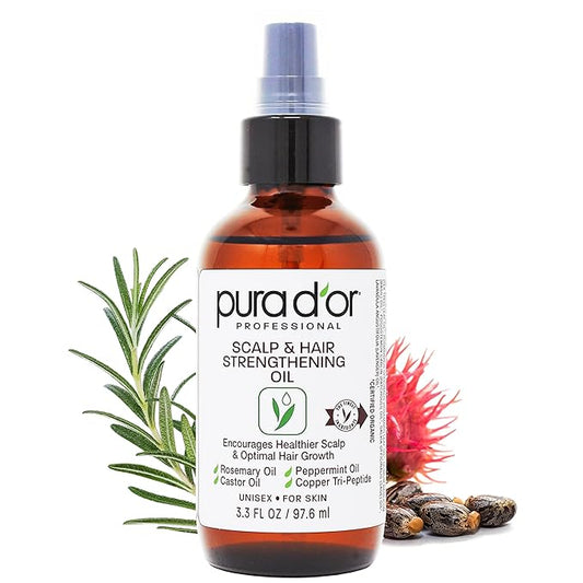 PURA D'OR Scalp & Hair Strengthening Oil (3.3 Oz) Supports Optimal Growth, Reduce Breakage, Nourish Roots for Healthier, Fuller, Thicker Hair - Rosemary, Castor & Peppermint Oil | Supports Hair Growth