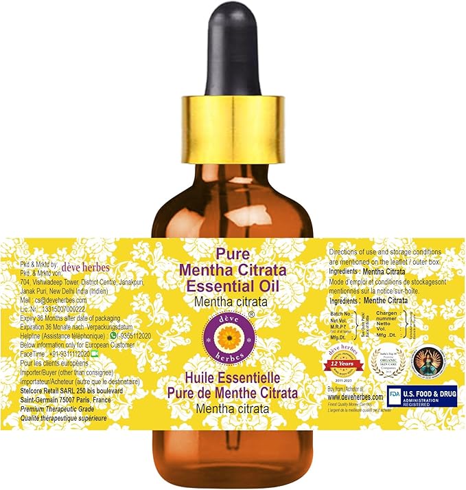 Deve Herbes Pure Mentha Citrata Essential Oil (Mentha citrata) with Glass Dropper Steam Distilled (Pack of Three) 100ml X 3 (10 oz)