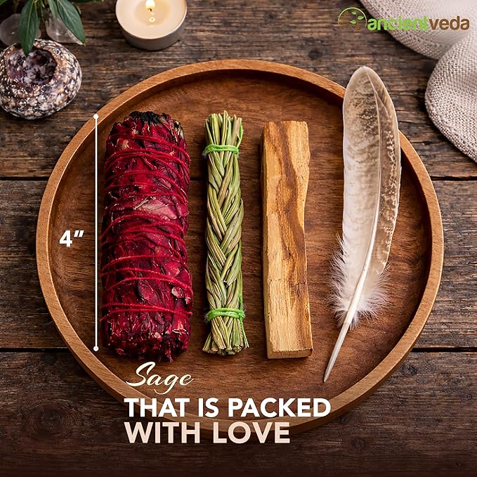 Ancient VEDA Organic Smudge Kit – Dragon's Blood, Palo Santo, Sweetgrass Braid, Feather & Smudge Guide | Home Cleansing Kit for Meditation, Yoga, Energy Healing (Starter Kit, Dragon's Blood Sage)
