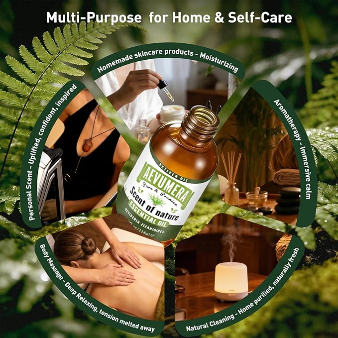 Vetiver Essential Oil 4oz for Diffuser, Humidifier, Homemade Household Cleaners, Large Capacity 118ml Vetiver Aroma Oil for Body Care, Massage, DIY Perfume, Soap & Candle Making