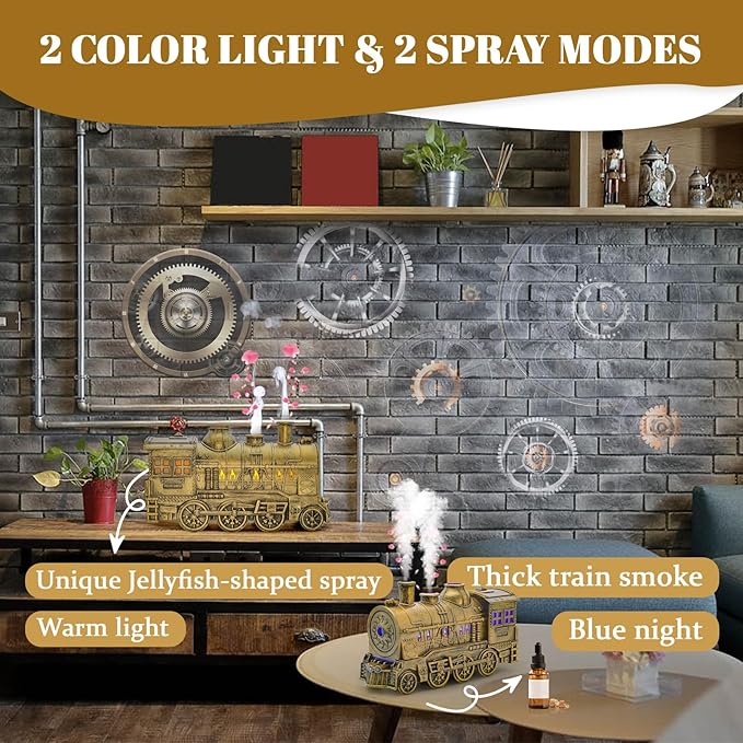 Train Humidifier Aroma Diffuser, 300ml Cool Mist Quiet Aromatherapy Diffuser for Essential Oils,Train Diffuser for Large Rooms, Bedrooms, or Desks (Bronze)