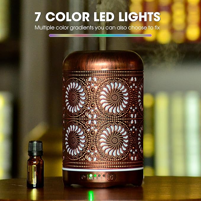 250ML Essential Oil Aromatherapy Diffuser for Home Bedroom Office Metal Hollow Decorative Room Ultrasonic Air Scent Mist Aroma Diffuser -Red Copper