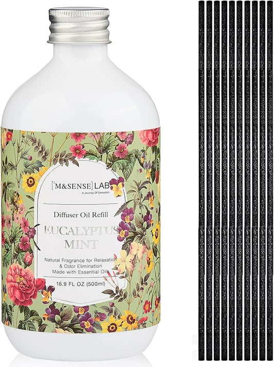 M&SENSE Reed Diffuser Oil Refill, 16.9oz (500ml) Eucalyptus & Mint Scent Home Fragrance with 10 Hollow Reed Sticks, Scented Oil Refills, Natural Essential Oils for Diffusers, Décor for Home Spa Office