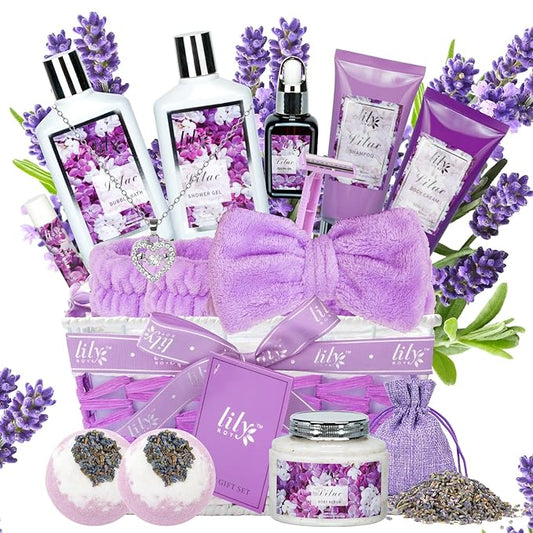 Mothers Day Gifts for Mom, Gifts for Women, Spa Gift Basket for Women, 17-Piece Lavender Lilac Bath and Body Gift Set, Pampering Bath Set | Spa Kit, Gift for Valentines Day, Birthday, Christmas