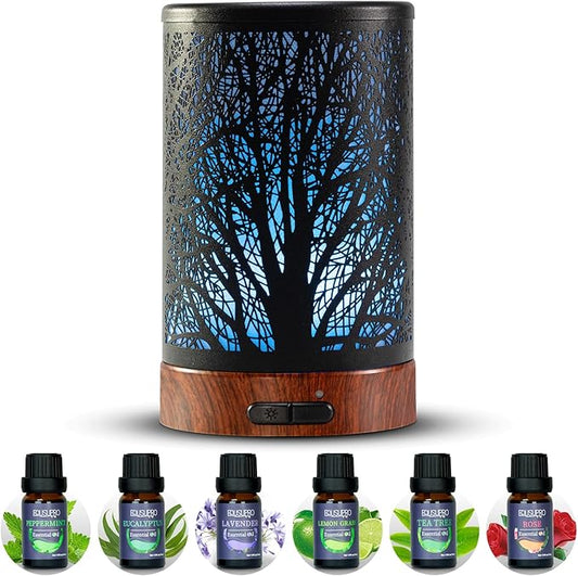 EQUSUPRO Essential Oil Diffuser Aromatherapy Diffuser 150ml with 6 Essential Oils Set, Diffuser for Essential Oils, Auto Off 7 Colors Night Light Gifts for Mom