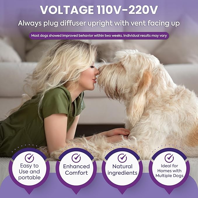 TopSum Calming Diffuser for Dog: Dog Pheromones Calming Diffuser Plug for Stress, Barking, Chewing, Pee Accidents & Separation Behaviors (Purple– 6 Refills)
