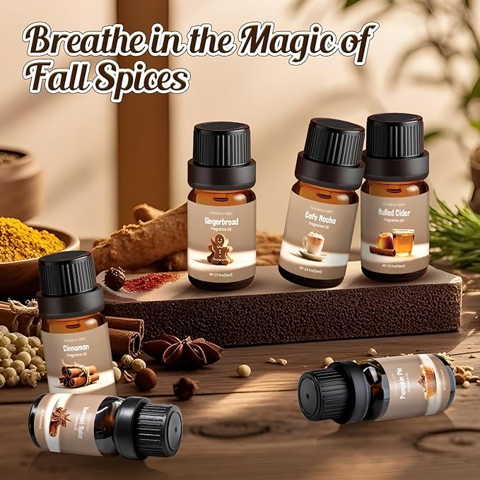 Spice Fragrance Oils Set, RAINBOW ABBY Fall Essential Oil Set for Diffuser, Candle, Soap Making, Pumpkin Pie, Harvest Spice, Gingerbread, Cinnamon, Mulled Cider, Cafe Mocha, Scented Oils, 6x10ml