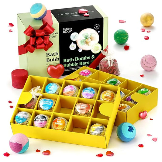 Lagunamoon Bath Bombs - 25 Extra Large Pieces, 3 Bubble Bars, Dried Flowers - Bubble Bath Shower Salts for Women, Men, Kids - Relaxing Bathbombs Gift Set Bath Essentials Shower Steamers