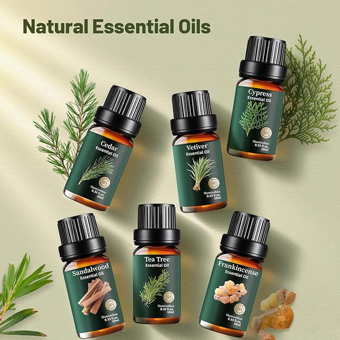6 Pack Pure Woody Essential Oils Set, Natural Sandalwood, Cedarwood, Tea Tree, Cypress, Frankincense, Vetiver for Aromatherapy Diffuser, Meditation, Candle & Soap Making, 6x10ml