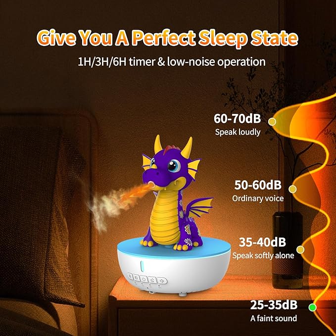 200ML Dragon Essential Oil Diffuser, Aromatherapy & Humidifier with Remote & Timer, 10 Soothing White Noise Machine, Cute Aroma Diffuser for Kids Bedroom, Home, Nursery, Purple