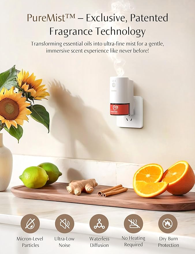 SF101 Pro Plug In Air Freshener, Waterless Essential Oil Diffuser, Non-Toxic Aroma Diffuser, Adjustable 120-Day Natural Scent Mist, Covers 1000 Sq Ft- Free 30ml Pear & Freesia