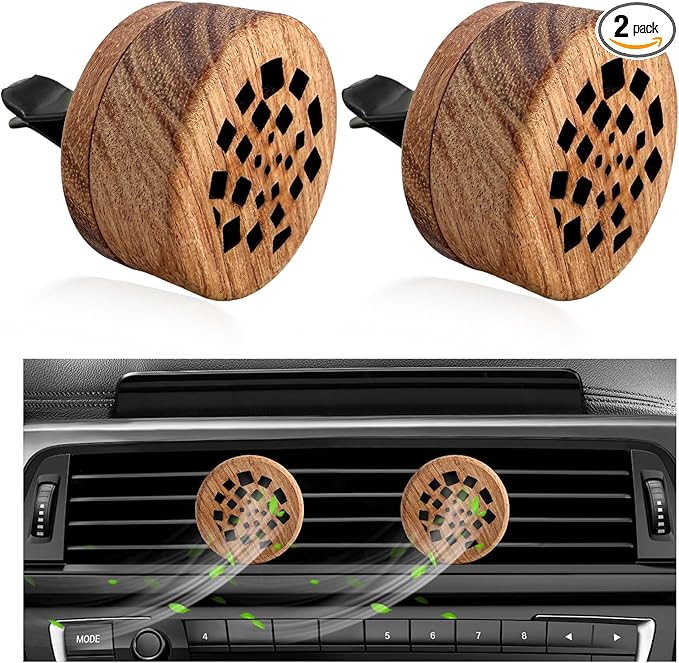 KVAEY 2 PCS Wood Car Essential Oil Diffuser, Wooden Aromatherapy Essential Oils Diffuser with Vent Clip, Wood Vent Clip Air Freshener for Vehicle Office Home Bedroom (Memory Fragments)