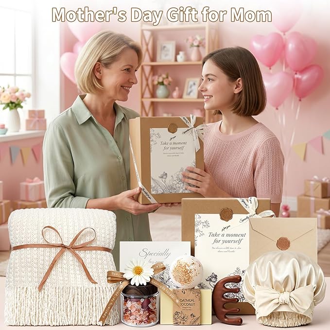 Self Care Gifts Baskets for Women, Relaxing Spa Care Package for Women, Mother's Day Birthday Gift Get Well Soon Gifts Baskets Thinking of You Gift, Spa Gift Basket with Bonnet & Massgae Comb, Beige
