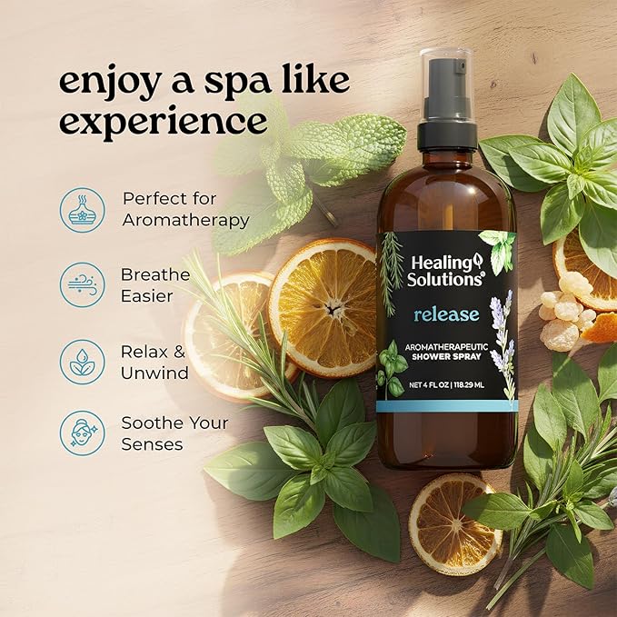 Healing Solutions Aromatherapy Shower Spray, Release Blend, 4oz, Therapeutic Grade Essential Oils, Made in the USA, At Home Spa Experience. Promotes Head Relief