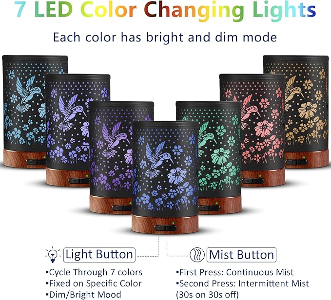 EQUSUPRO Essential Oil Diffuser Metal Aroma Diffuser for Home 150ml Ultrasonic Cool Mist Diffuser with 7 Colors Light Auto Shut-Off for Home Office Decor & Gift(Hummingbird)