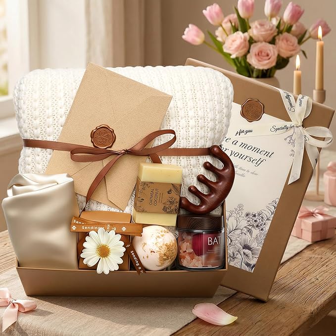 Self Care Gifts Baskets for Women, Relaxing Spa Care Package for Women, Mother's Day Birthday Gift Get Well Soon Gifts Baskets Thinking of You Gift, Spa Gift Basket with Bonnet & Massgae Comb, Beige