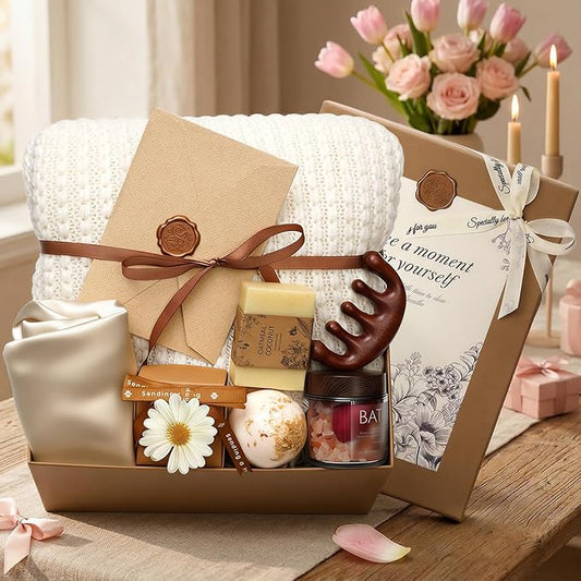Self Care Gifts Baskets for Women, Relaxing Spa Care Package for Women, Mother's Day Birthday Gift Get Well Soon Gifts Baskets Thinking of You Gift, Spa Gift Basket with Bonnet & Massgae Comb, Beige