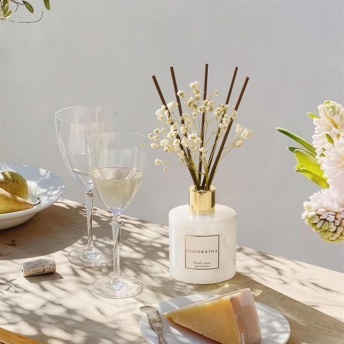 COCORRÍNA Reed Diffuser - Fresh Linen 6.7 fl oz Reed Diffuser with Sticks, Bedroom Bathroom Shelf Decor