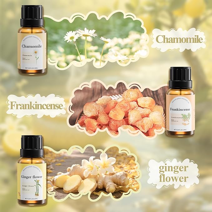 Natural Essential Oil Blend Set - 6x10ml Fresh & Crisp Collection - Plant-Based Scented Oils for Diffuser, Air Purifier & Home Fragrance - Peppermint, Lemon, Frankincense, Chamomile, Orange Blossom
