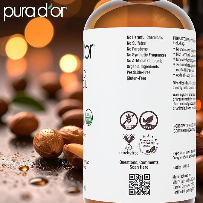 PURA D'OR ORGANIC Jojoba Oil (16.9 Oz GLASS BOTTLE) USDA Certified - 100% Pure & Natural Moisturizer - Cold Pressed, Unrefined, Hexane Free Base Carrier Oil For DIY Skin Care, Hair, Face & Nails