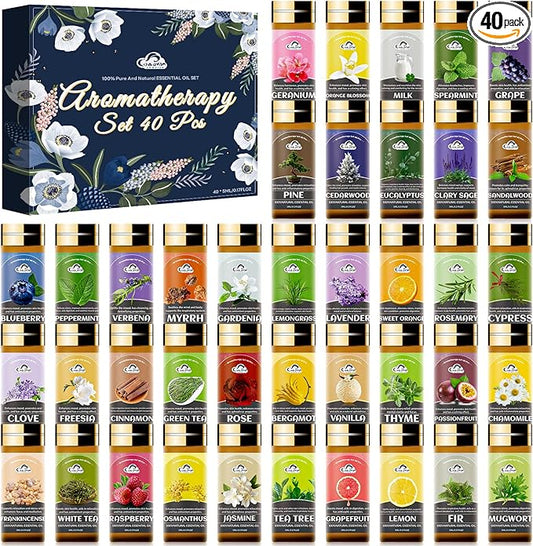Essential Oil Set, 40 Pcs Fragrance Aromatherapy Oils for Skin, Diffusers, Home Care, Humidifier, Laundry, Candle Making - Tea Tree, Sandalwood, Lavender, Vanilla, Eucalyptus and More(5mL)