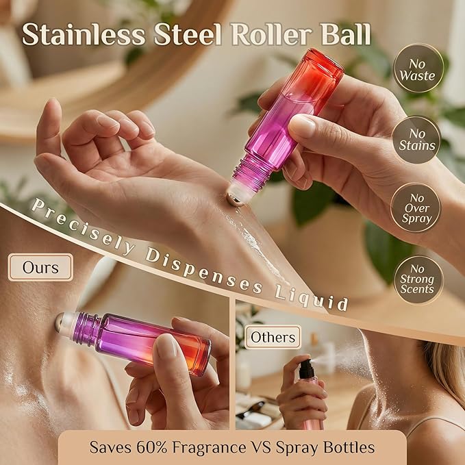 PrettyCare 24 Pack, 10 ml Essential Oil Roller Bottles with Stainless Steel Roller Ball - Refillable Leak-proof Empty Thick Red & Purple Glass Roll on Bottles with Golden Caps for Travel, Perfume