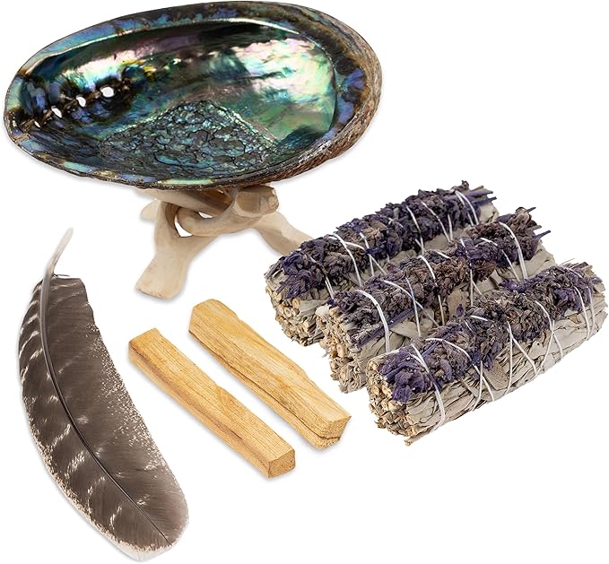 Wish Well Sage Smudge Kit - 3 Lavender Sage Sticks, 2 Palo Santo Sticks, 5-6" Abalone Shell, Stand, Feather - Cleansing House, Meditation, Energy Healing & Reiki, Perfect Starter Kit with Instructions