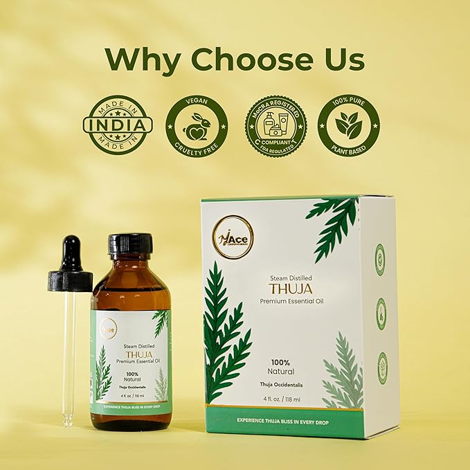 My Ace Pure & Natural Thuja Essential Oil – Steam-Distilled Thuja Orientalis | 100% Natural Oil for Diffuser, Aromatherapy, Skin & Hair Care, Massage, Soap & Candle Making – 4 fl oz with Dropper