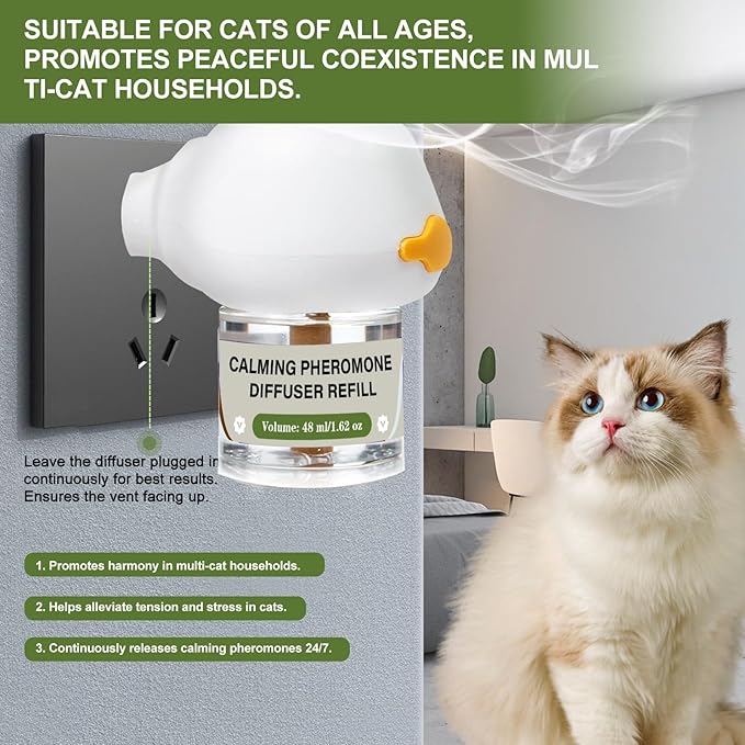 Cat Calming Diffuser, 4-in-1 Pheromone Refills for Anxious Cats, 120-Day Continuous Stress Relief for Multi-Cat Harmony (D)