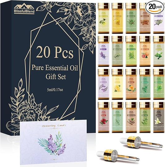 Fragrance Essential Oils Set with Gift Card,20 pcs Variety Pack Aromatherapy Oils for Diffusers for Home, Skin, Candle & Soap Making - Tea Tree, Lavender, Peppermint, Eucalyptus, Rose Gift for Friend